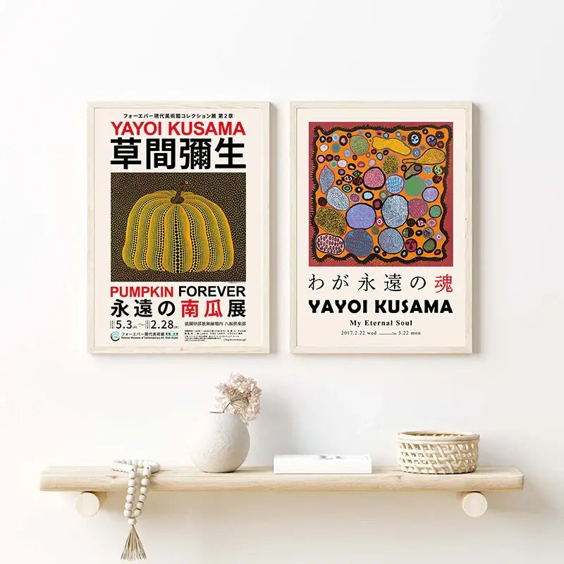 Two framed DecorBites™ Japanese abstract art canvas prints featuring yayoi kusama style pumpkin and colorful circles designs