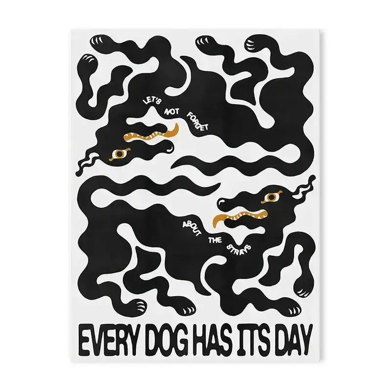 Decorbites™ canvas print featuring black and gold stylized dogs with japanese abstract blue wave design and text every dog has its day