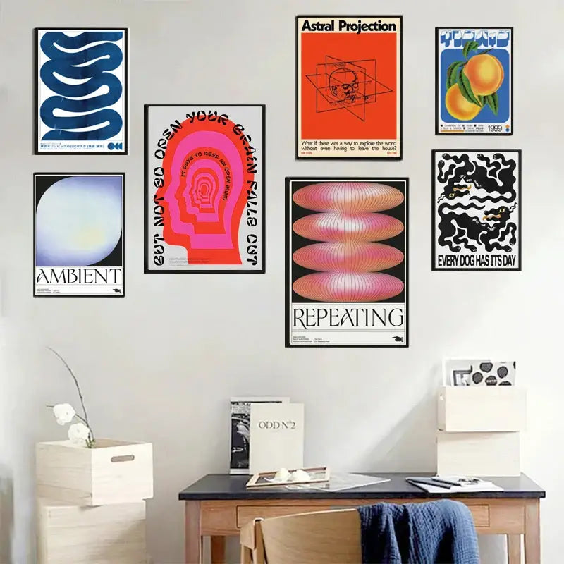 A collection of framed posters featuring japanese abstract blue wave designs in vibrant colors for wall decor