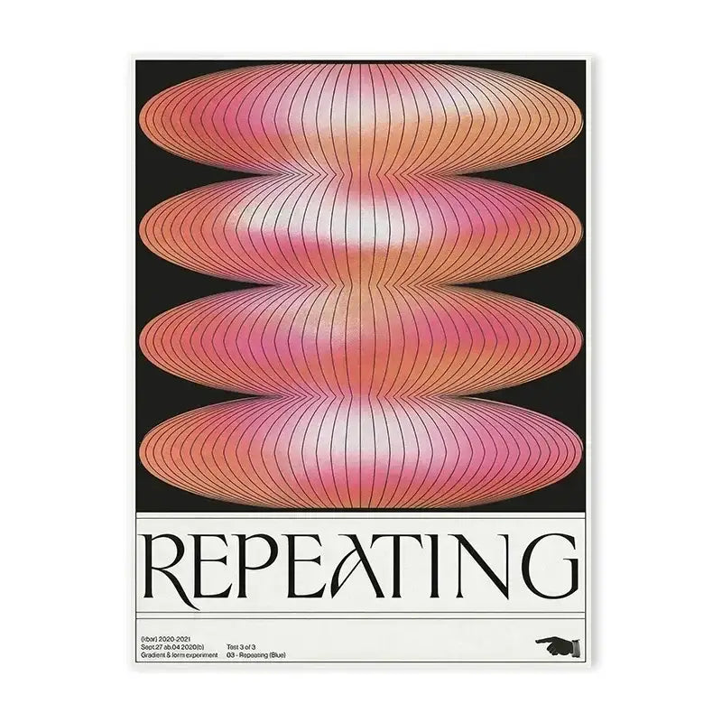 Modern abstract poster with gradient pink and orange ovals and repeating text, inspired by japanese abstract blue wave design