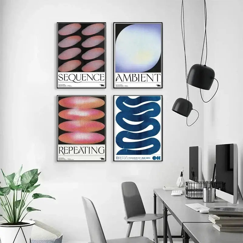Set of four minimalist abstract art posters with japanese abstract blue wave designs in muted pinks and blues by decorbites