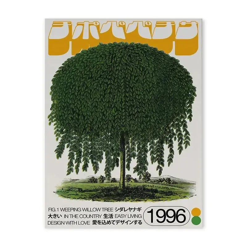 DecorBites™ japanese abstract blue wave canvas print featuring a lush dark green weeping willow tree on light background
