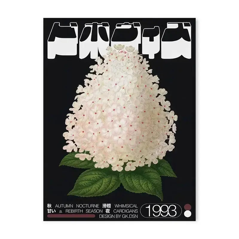 Decorbites™ japanese abstract blue wave canvas print featuring a white hydrangea with delicate petals and green leaves