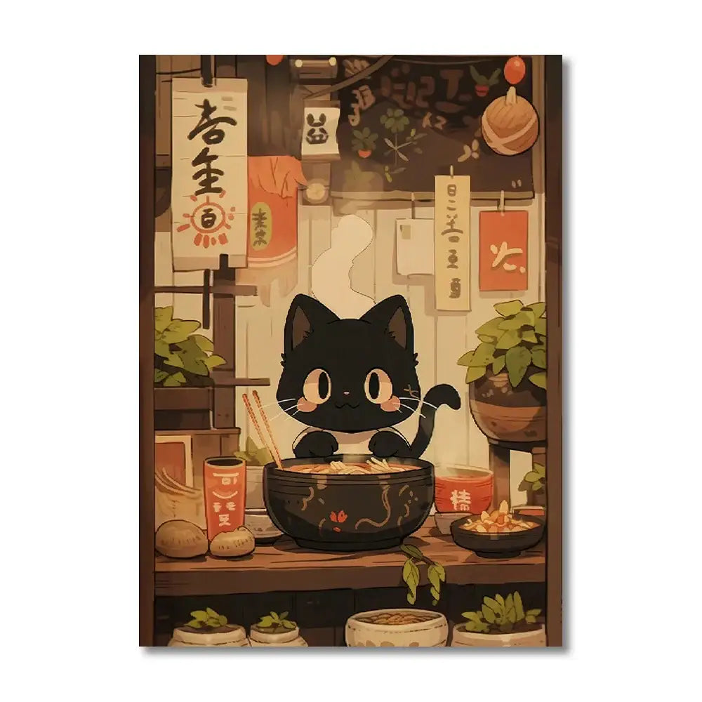 DecorBites™ japanese cat ramen canvas wall art featuring a black cartoon cat with noodles and japanese decor