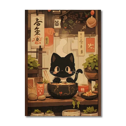 DecorBites™ japanese cat ramen canvas wall art featuring a black cartoon cat with noodles and japanese decor