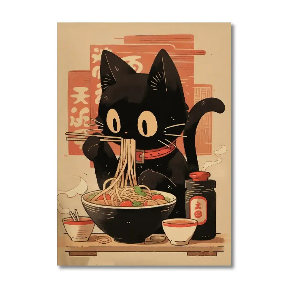 DecorBites™ Japanese cat ramen canvas wall art featuring a black cat with yellow eyes eating noodles with chopsticks
