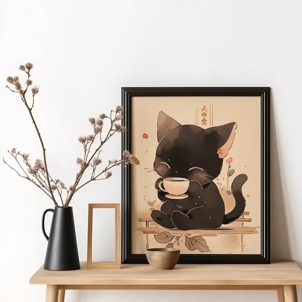 Decorbites™ japanese cat ramen canvas wall art featuring black-framed cartoon cat sipping tea on beige floral background wall art