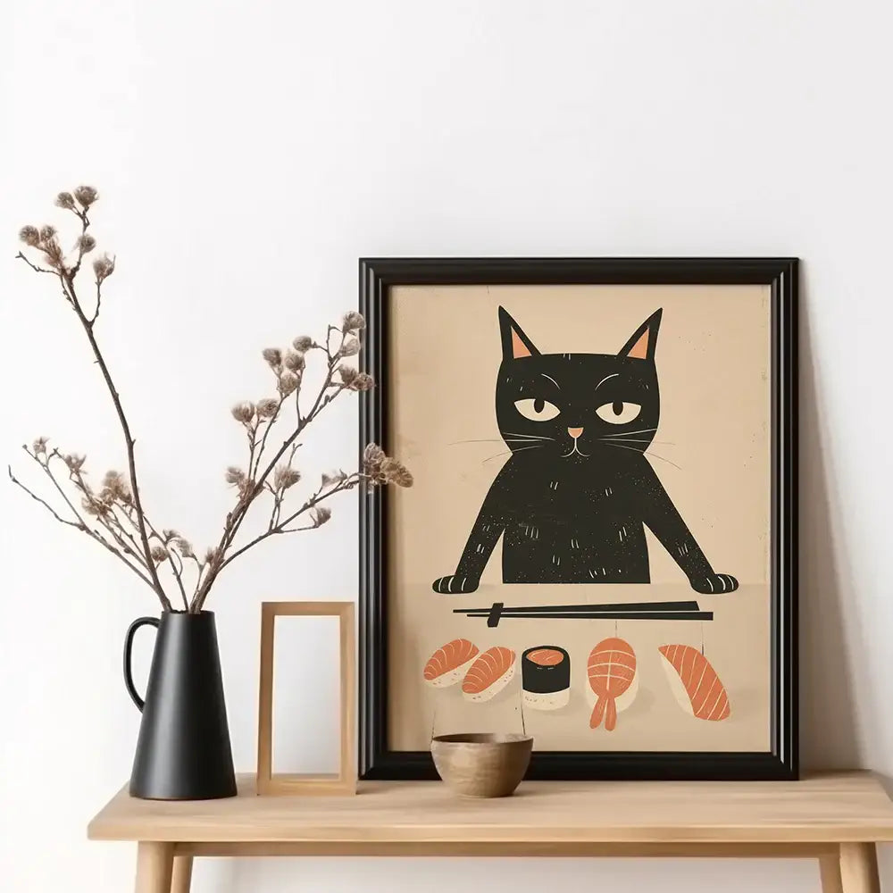 Black framed canvas prints of stylized black cat with white eyes and pink nose sitting at table with sushi japanese ramen wall art