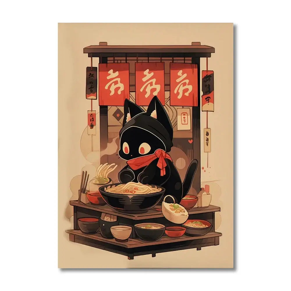 DecorBites™ japanese ramen canvas wall art features a black cat with red eyes and scarf in front of a noodle stall