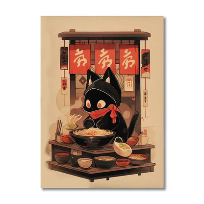 DecorBites™ japanese ramen canvas wall art features a black cat with red eyes and scarf in front of a noodle stall