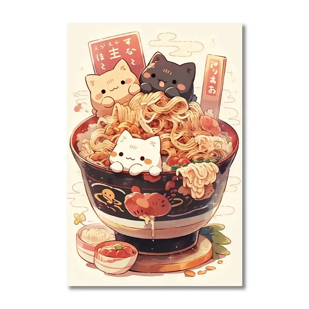 Decorbites™ japanese ramen canvas wall art featuring three cartoon cats in a dark bowl with vibrant red garnishes