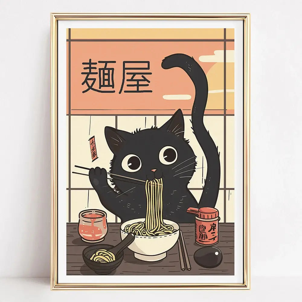 A framed japanese ramen canvas print featuring a black cat eating noodles perfect wall art decor