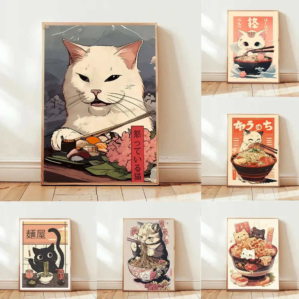 Decorbites™ japanese cat ramen canvas wall art featuring a framed white cat with chopsticks over sushi on green plate
