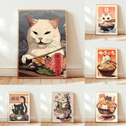 Decorbites™ japanese cat ramen canvas wall art featuring a framed white cat with chopsticks over sushi on green plate