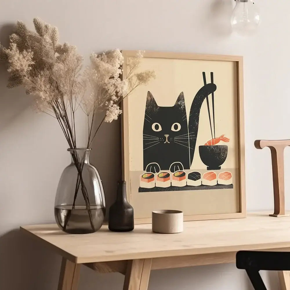 A framed beige canvas print of a black cat with chopsticks and sushi for japanese ramen wall art