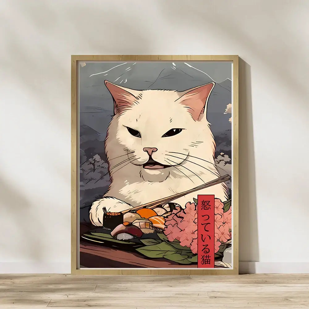 Framed DecorBites™ canvas wall art featuring a white cat with chopsticks over sushi and flowers with mountain backdrop