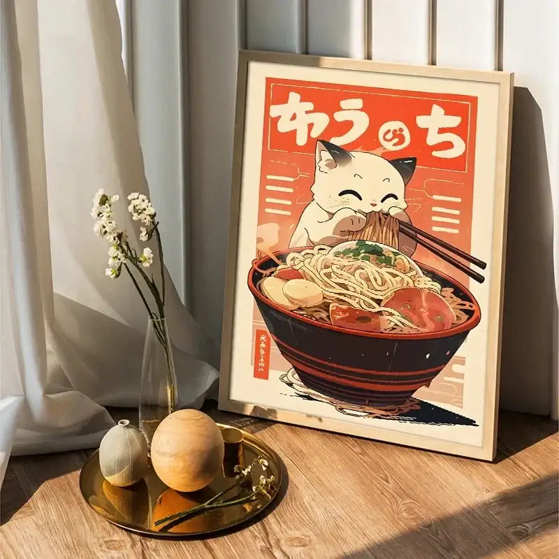 A framed DecorBites™ canvas print wall art of a white cat eating japanese ramen from a black bowl on orange background