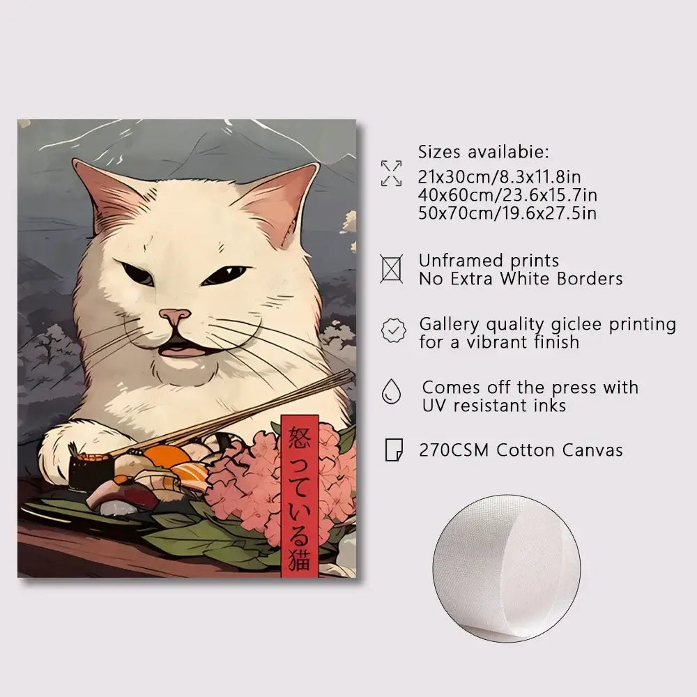 A framed canvas print wall art featuring a white cat with chopsticks over sushi in japanese ramen style