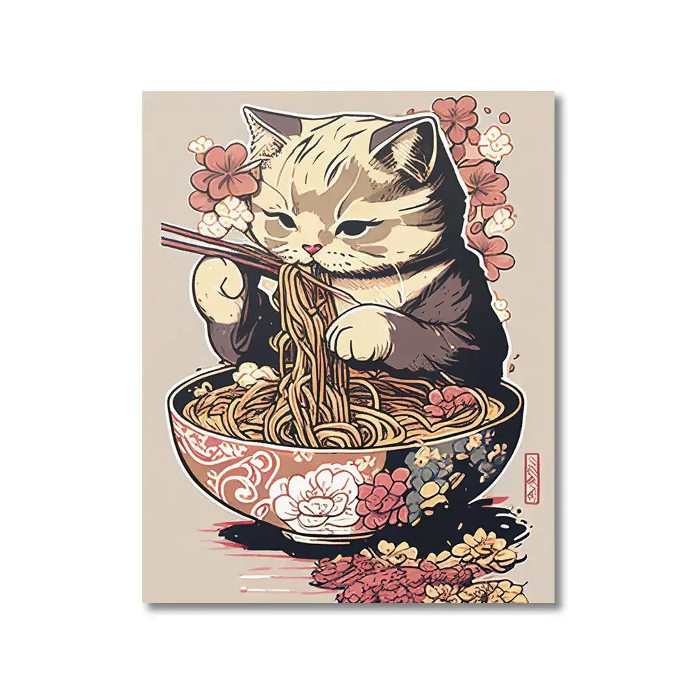 Decorbites™ japanese cat ramen canvas wall art featuring a beige and brown cat with chopsticks lifting noodles