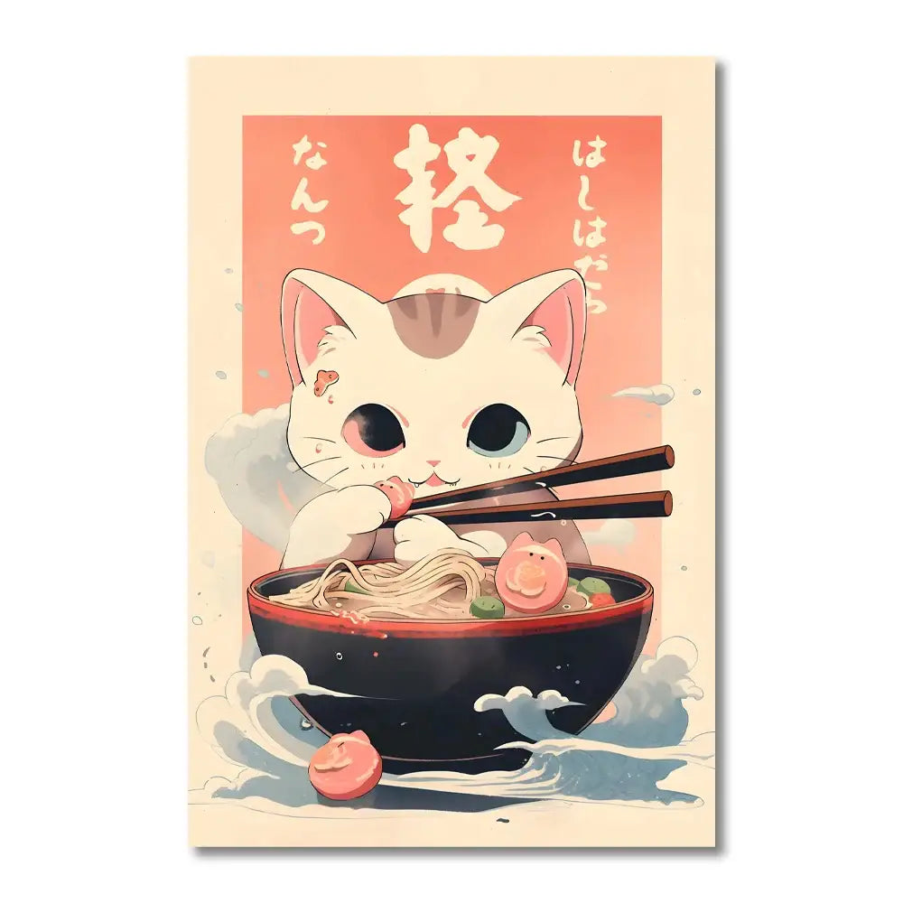 Decorbites™ canvas prints featuring a white cat with chopsticks over japanese ramen wall art for home decor