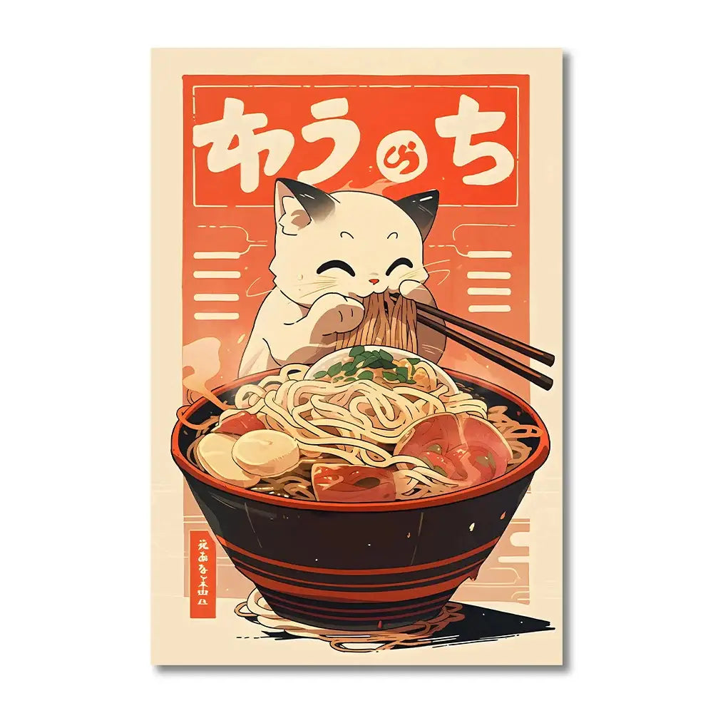 DecorBites™ canvas prints featuring a charming white cat with black ears eating japanese ramen wall art design