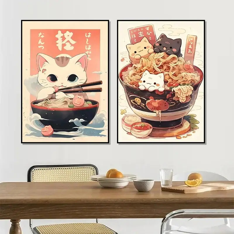Two framed anime-style canvas prints of japanese ramen wall art featuring cute cats enjoying ramen bowls