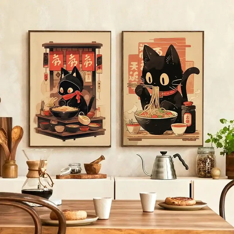 Two framed decorbites™ canvas prints of vintage black cats in japanese ramen scenes featuring warm color tones wall art