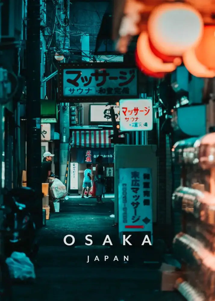 Decorbites™ japanese city landscape canvas wall art featuring a vibrant neon-lit city landscape alleyway in osaka japan