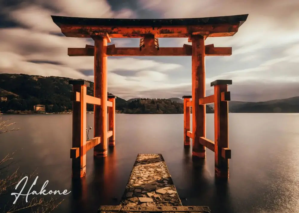 Decorbites™ japanese city landscape canvas wall art featuring a vermilion torii gate over a serene lake in hakone japan