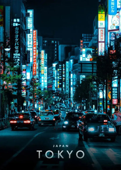 DecorBites™ japanese city landscape canvas wall art featuring neon-lit tokyo street with vibrant blue and red signs