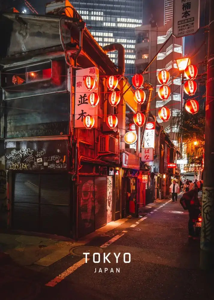 Decorbites™ japanese city landscape canvas wall art featuring glowing red paper lanterns in a tokyo alleyway at night