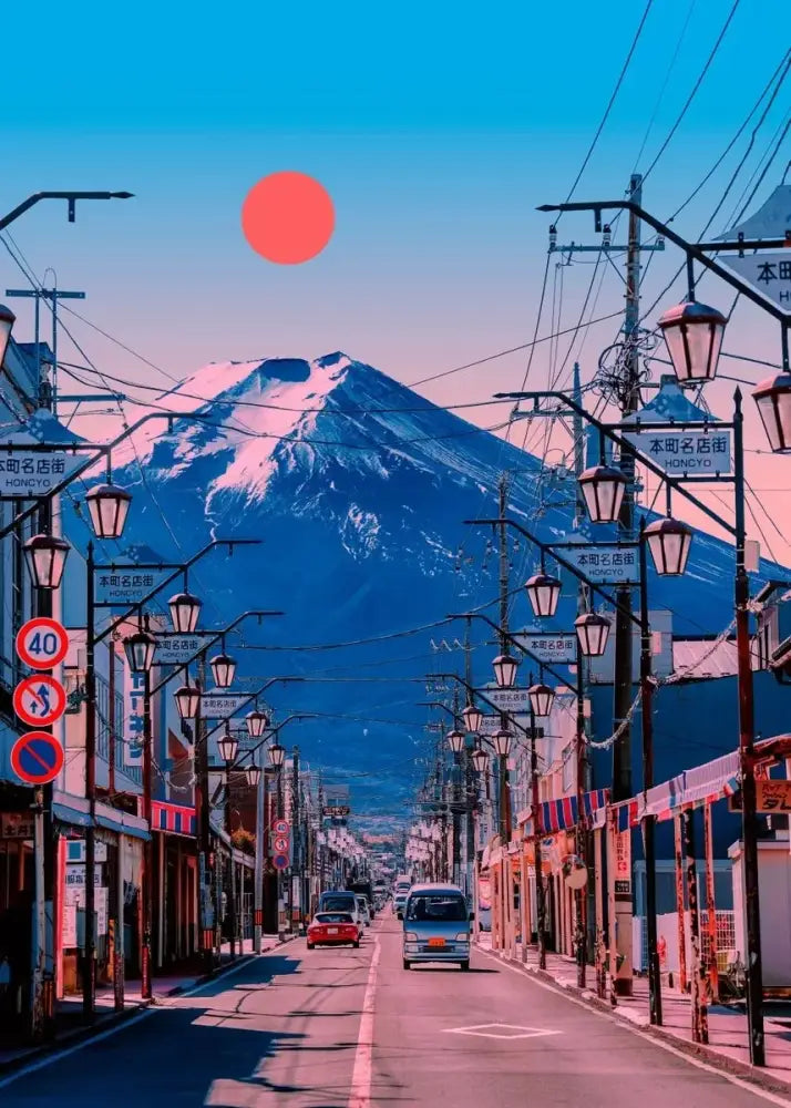 Decorbites™ japanese city landscape canvas wall art featuring snow-capped mount fuji behind lantern-lit street at dusk