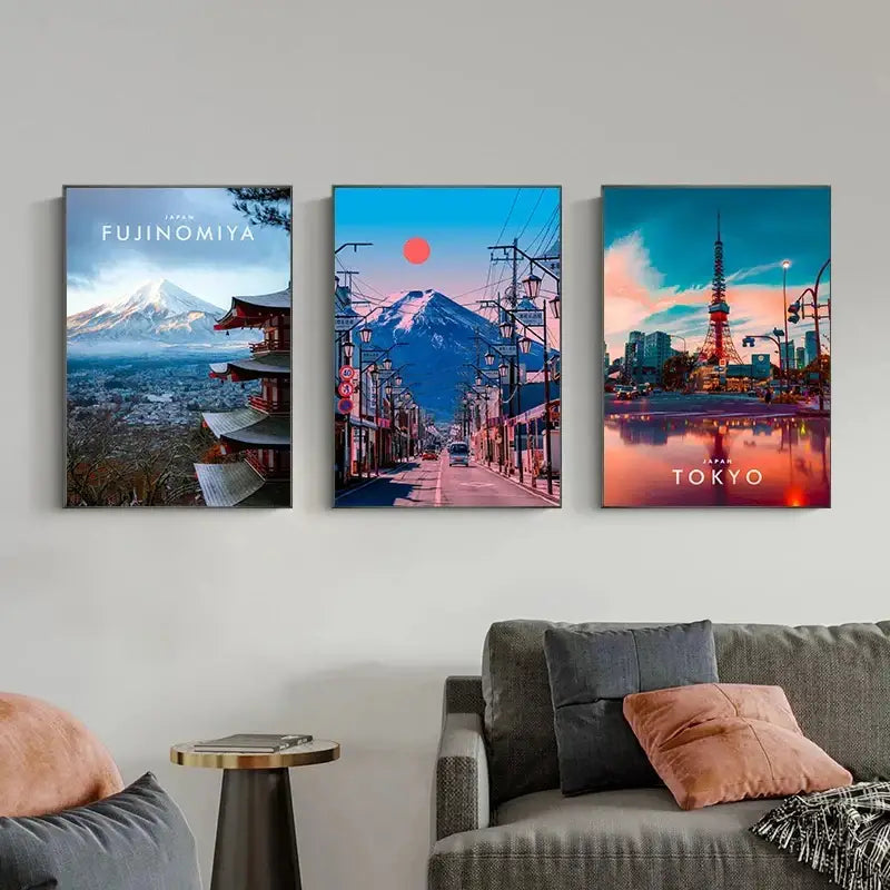 Three framed canvas prints by decorbites™ featuring japanese city landscape scenes of fujinomiya mountain street and tokyo skyline