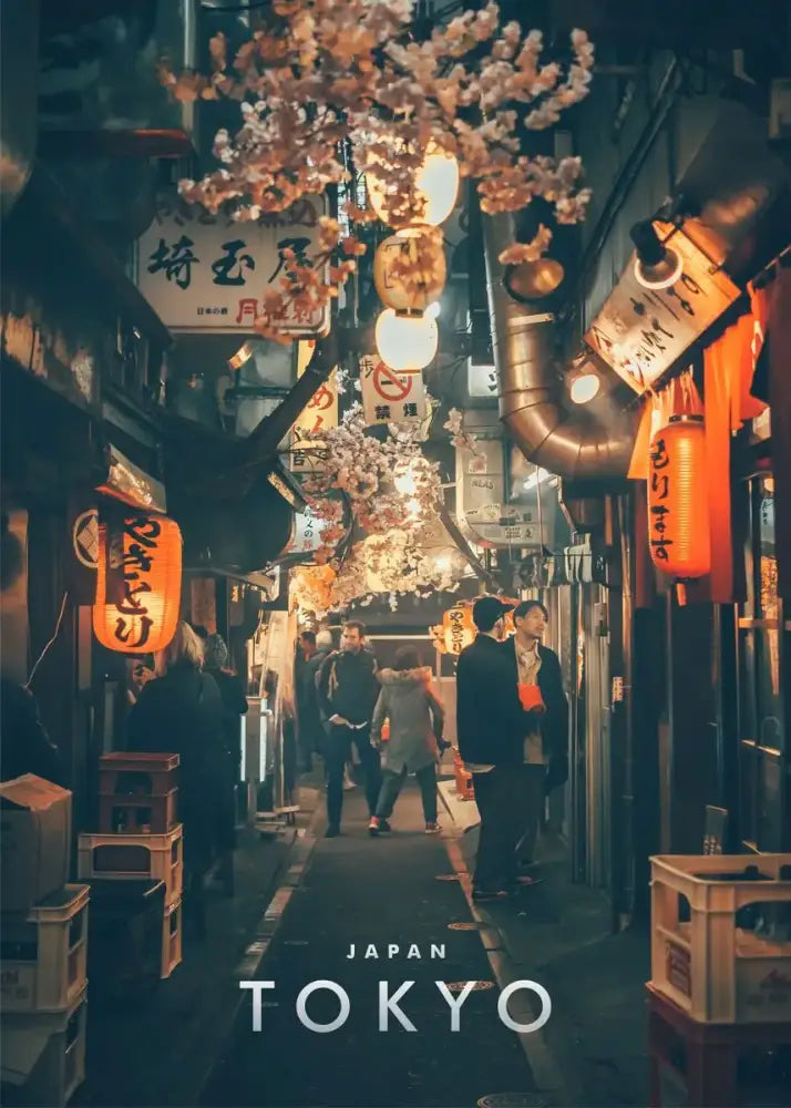 Decorbites™ japanese city landscape canvas wall art featuring a warmly lit tokyo alleyway with cherry blossoms and lanterns