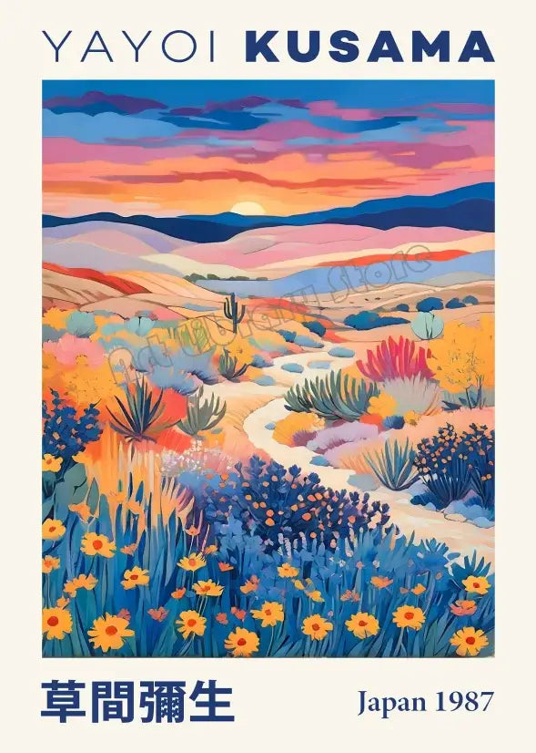 Vibrant decorbites™ canvas art featuring yayoi kusama’s 1987 geometric mountain landscape with colorful flowers