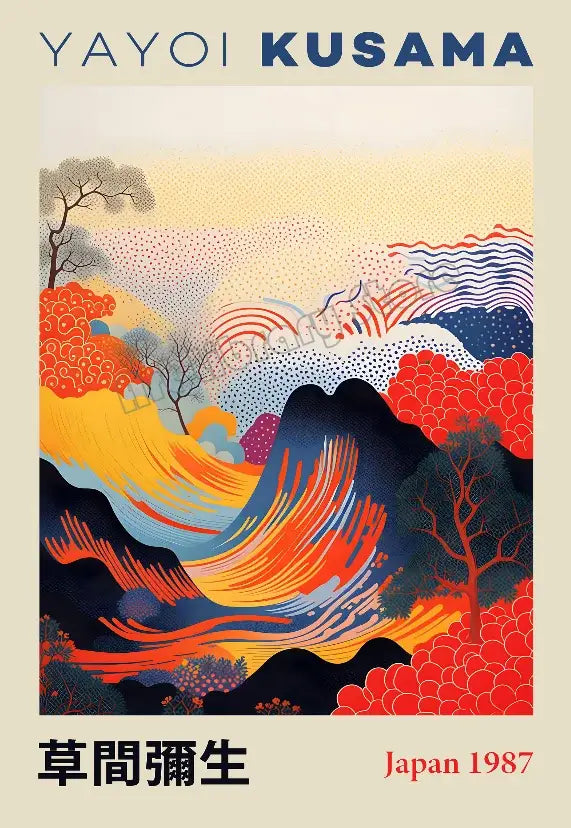 Decorbites™ japanese geometric mountain landscape canvas art featuring yayoi kusama polka dots and bold colors