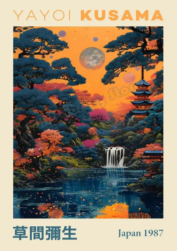 Decorbites™ japanese geometric mountain landscape canvas art featuring vibrant orange and blue pagoda waterfall design