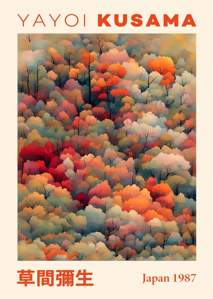 Decorbites™ japanese geometric mountain landscape exhibition canvas art with vibrant autumnal forest hues and rounded tree canopies
