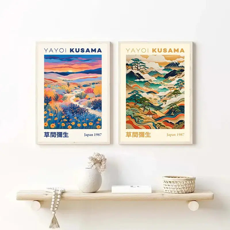 Two framed vintage-style canvas art posters by yayoi kusama featuring vibrant geometric mountain landscape designs