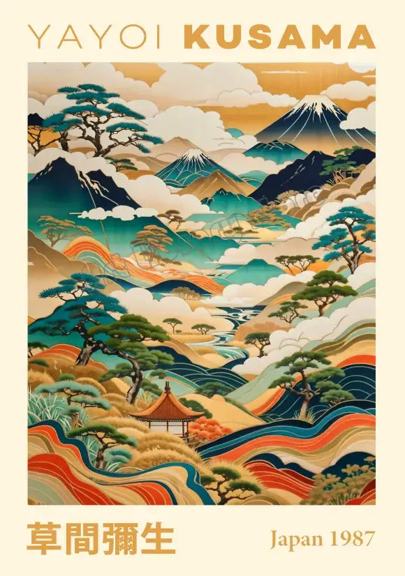 DecorBites™ Japanese geometric mountain landscape canvas art featuring vibrant layered mountains and a traditional pavilion