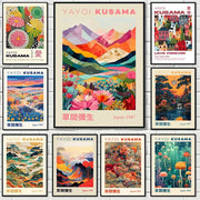 DecorBites™ Japanese geometric mountain landscape canvas art featuring vibrant pink and orange hues by yayoi kusama