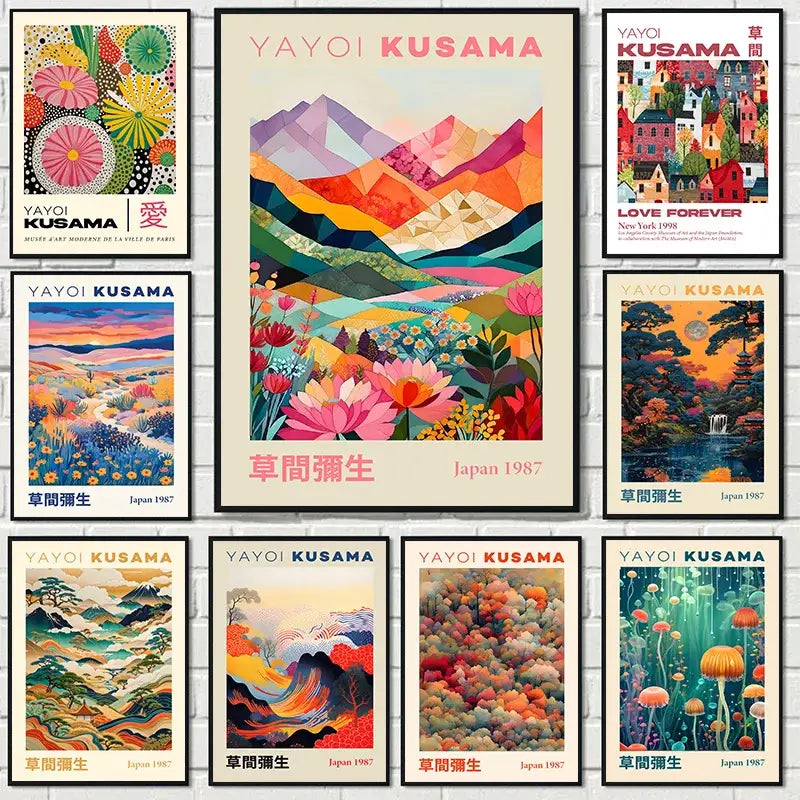 DecorBites™ Japanese geometric mountain landscape canvas art featuring vibrant pink and orange hues by yayoi kusama