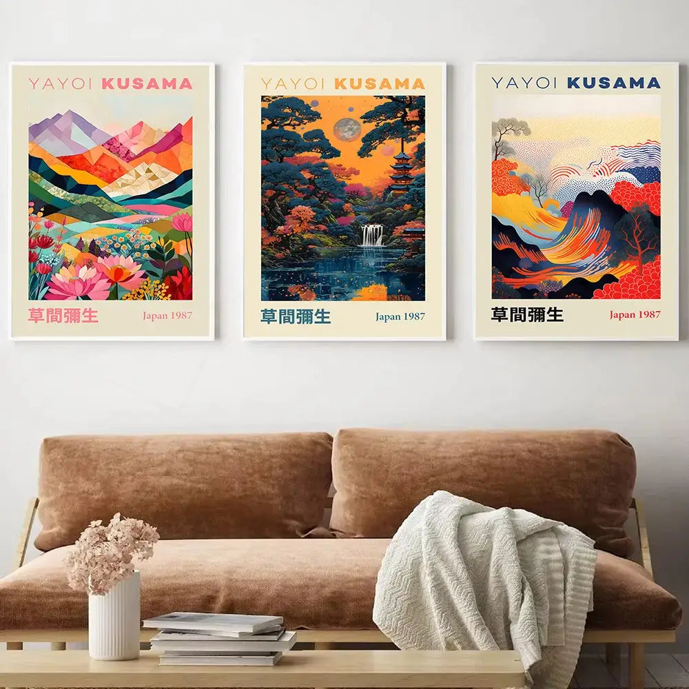 Three framed DecorBites™ canvas art posters featuring vibrant geometric mountain landscape designs by Yayoi Kusama 1987