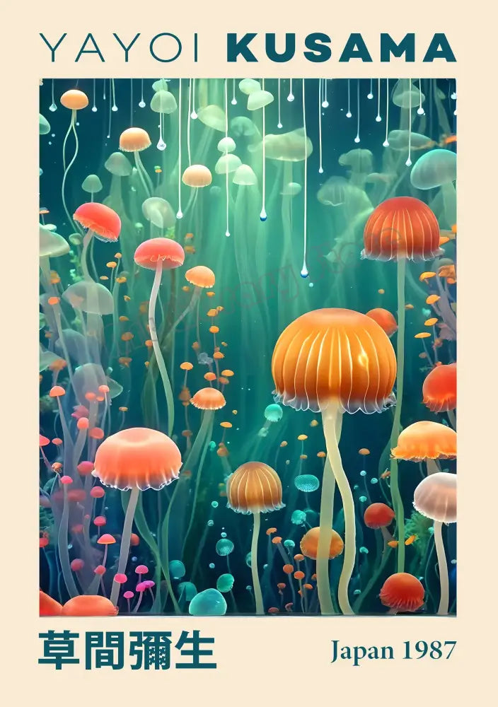 Decorbites™ japanese geometric mountain landscape exhibition canvas art with vibrant glowing orange jellyfish-like mushrooms