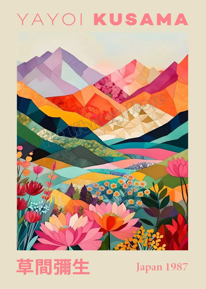 DecorBites™ Japanese geometric mountain landscape canvas art featuring vibrant colorful collage by Yayoi Kusama