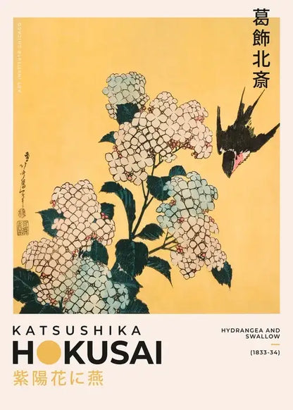 DecorBites™ Japanese Hokusai art poster print featuring delicate hydrangea blossoms and a black swallow for home decor