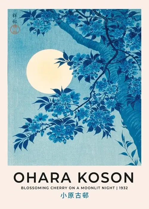 Blue blossoming cherry tree branch with delicate flowers against a moonlit sky japanese art poster print decorbites