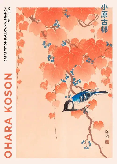 DecorBites™ Japanese Hokusai art poster print of a blue and white bird on branch with orange leaves in woodblock style