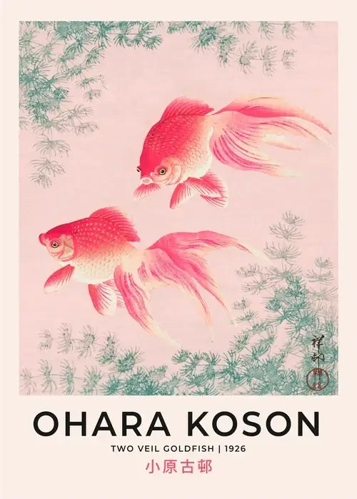 DecorBites™ Japanese Hokusai art poster print featuring delicate pink and white goldfish for elegant home decor