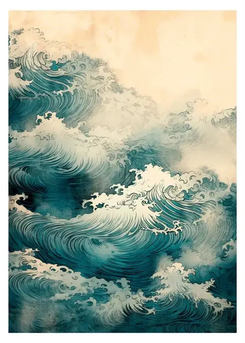 A hand-painted art poster print of crashing ocean waves in deep teal and white for home decor by DecorBites™